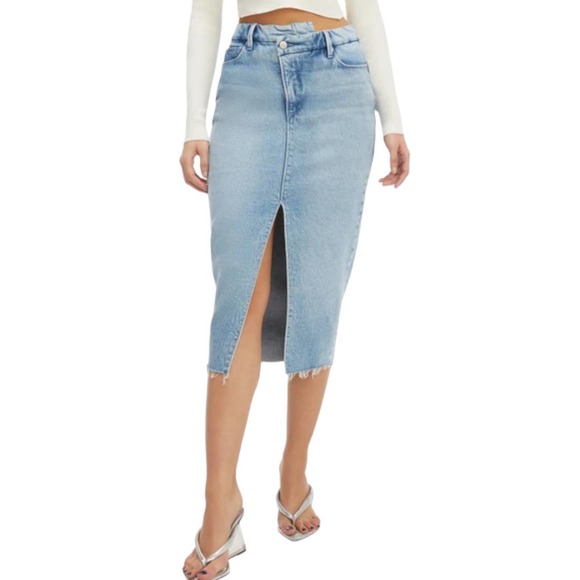 Good American Dresses & Skirts - Good American Cross Over Denim Pencil Skirt 8 29 New Blue Jean Slit Midi NWT